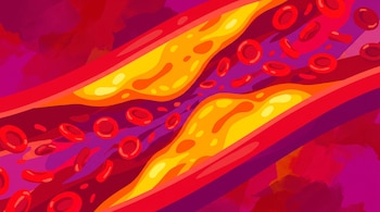 Ilustración de una arteria con obstrucción de colesterol en las paredes y glóbulos rojos. Predominan los colores rojo, morado, amarillo y naranja.