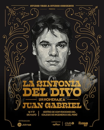 Póster del evento "La Sinfonía del Divo: Un homenaje a Juan Gabriel". Muestra un retrato en blanco y negro del cantante y texto promocional en dorado