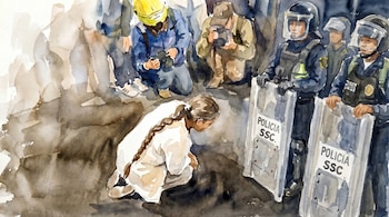 Pintura en acuarela que muestra a una mujer arrodillada con una trenza frente a tres policías con cascos y escudos de la SSC. Dos fotógrafos los rodean.