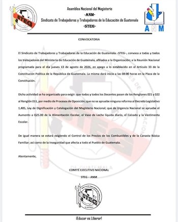 Documento de convocatoria con texto impreso, dos logotipos de sindicatos y un sello de agua que incluye texto en el fondo