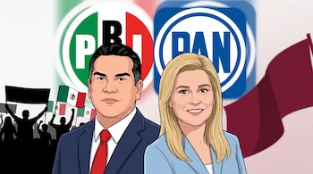Ilustración de Alejandro Moreno en traje y Maru Campos en saco, con logos de PRI y PAN. Siluetas de manifestantes y una bandera vino tinto detrás.