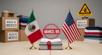 Mesa de negociación con banderas de México y Estados Unidos, documentos sellados "ARANCEL 10%", cajas "MADE IN MEXICO" y señal de advertencia "FORCED LABOR".