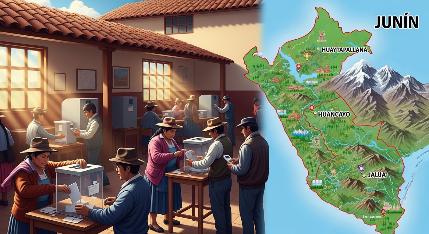 Ciudadanos de Junín ejercen su derecho al voto en los centros de votación mientras el mapa de la región destaca los principales distritos para las Elecciones 2026. (Imagen Ilustrativa Infobae)