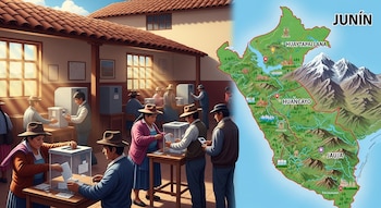 Uma pessoa em uma seção eleitoral vota em uma urna transparente, com um mapa de Junín, Peru, mostrando Huancayo, Jauja e Huaytapallana.