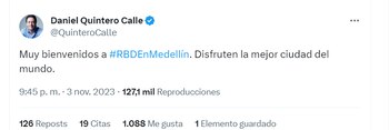 Daniel Quintero da la bienvenida a la capital de Antioquia al grupo musical RBD- crédito @QuinteroCalle/ cuenta de X