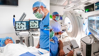 Imagen dividida: un paciente sonriente en camilla con un médico y pantallas, y otro paciente en un escáner O-arm con personal médico y monitores