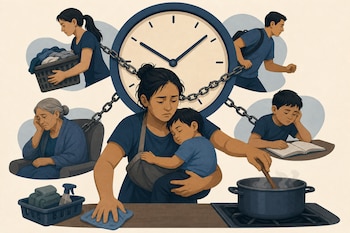 Una mujer cocina con un niño en brazos junto a un gran reloj encadenado, rodeada de cuatro personas que lavan ropa, corren, estudian y reposan.