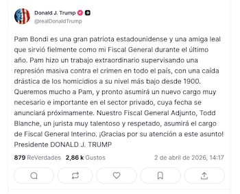 El mensaje de Donald Trump en Truth Social.
