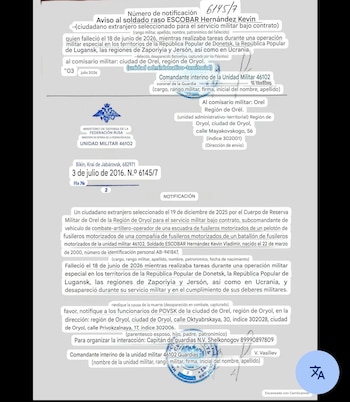 Documento atribuido de una unidad militar rusa informa que Kevin Vladimir Escobar Hernández, ciudadano extranjero contratado por el Ejército ruso, murió el 18 de junio de 2026 durante operaciones militares en zonas ocupadas de Ucrania (Cortesía: Ester).
