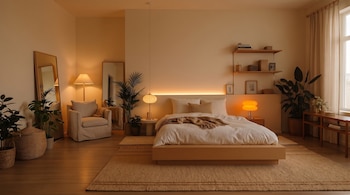 Una habitación muestra una cama, un sillón, dos espejos, dos estanterías con objetos decorativos, una ventana con cortinas, varias plantas en macetas y lámparas.