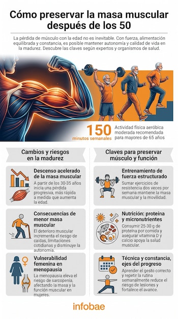 Infografía con título sobre cómo preservar masa muscular después de los 50, ilustrada con músculos, personas ejercitándose y pictogramas de datos y recomendaciones.