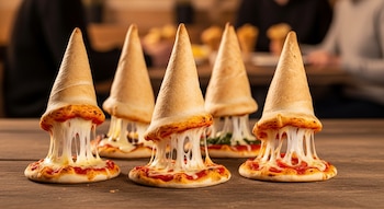 Cinco conos de pizza recién horneados sobre una mesa de madera rústica, con queso mozzarella derretido y estirándose, y salsa de tomate brillante.