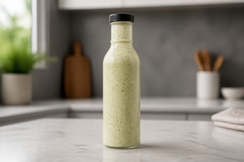Una botella transparente con líquido verde claro y tapa negra está sobre una encimera clara de cocina.