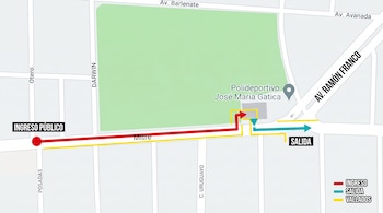 Mapa detallado que muestra las rutas de ingreso público (rojo), salida (celeste) y vallados (amarillo) en Avenida Mitre para el Polideportivo José María Gatica. (Imagen Ilustrativa Infobae)