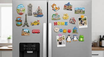 Refrigerador de dos puertas con numerosos imanes decorativos de animales, edificios y letras, y dos fotografías de personas.
