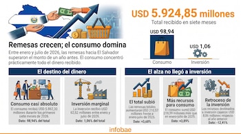 Infografía con el mapa de El Salvador, manos entregando billetes, gráficos de barras e íconos de bolsas de compras y engranajes.