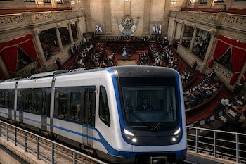 Un tren moderno sobre vías elevadas en primer plano y el hemiciclo de un parlamento con personas sentadas en el fondo.