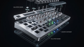 Render 3D de un teclado magnético desmontado, mostrando los switches, resortes, imanes, circuitos y sensores Hall Effect flotando sobre un fondo negro.