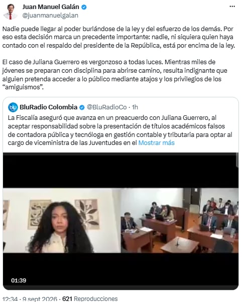 Juan Manuel Galán se pronunció por caso de Juliana Guerrero - crédito @juanmanuelgalan/X