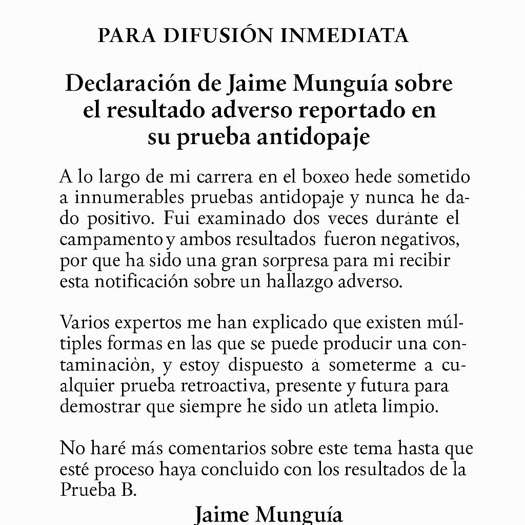 Jaime Munguía habla luego de dar positivo a prueba antidopaje (Facebook | Jaime Munguía)