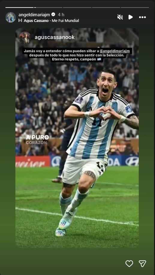 Una de las historias de Di María con un mensaje para los hinchas que lo silbaron