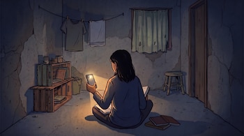 Ilustración de una persona de espaldas sentada en el suelo, sosteniendo un teléfono encendido para alumbrar un libro abierto en un cuarto oscuro.