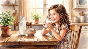 Ilustración acuarelada de niña sonriente de 8 años con cabello castaño, sentada en cocina rústica. Sostiene un vaso de leche. Hay una botella y cuenco en la mesa.