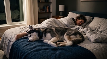 Un perro husky siberiano yace sobre una manta azul cerca de los pies de una persona acostada en una cama.
