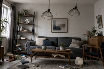 Una sala con un sofá gris, mesa de madera, lámparas colgantes torcidas, una grieta en la pared y libros dispersos en el suelo.
