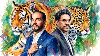 Dibujo de acuarela que muestra a Abelardo de la Espriella e Iván Cepeda espalda con espalda, con un tigre y un jaguar en un fondo de hojas verdes.