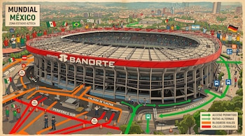Un mapa ilustrado muestra el Estadio Azteca y sus alrededores con rutas de acceso permitidas, rutas alternas y calles cerradas, con personas y banderas de países.