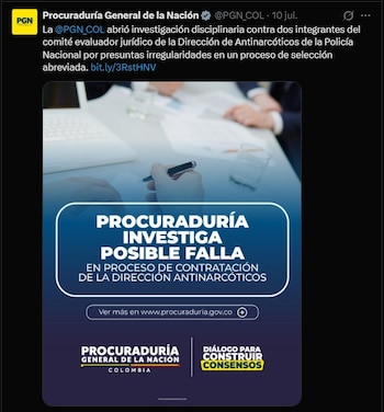 La investigación de la Procuraduría busca establecer si el Consorcio Rural fue excluido de forma injustificada pese a haber solicitado a tiempo un cambio en su conformación en Secop II - crédito @PGN_COL/X