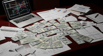 Billetes de cien dólares sobre una mesa junto a una computadora portátil con gráficos y documentos financieros dispersos.