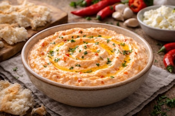 Crema griega a base de queso feta, yogur y pimiento picante, que fusiona ingredientes mediterráneos en una receta apreciada por su sabor y cremosidad (Imagen Ilustrativa Infobae)