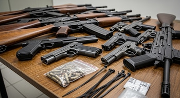 Una mesa de madera exhibe numerosas armas de fuego: varios rifles de asalto con culatas de madera, múltiples pistolas, una bolsa de municiones y bridas negras.