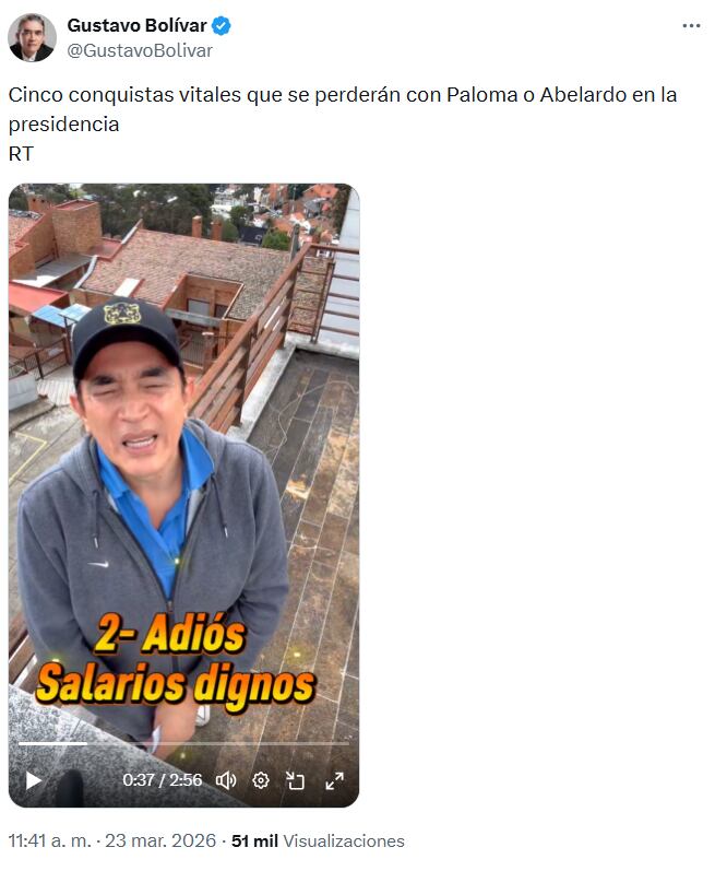 Gustavo Bolívar señaló cinco logros sociales que, según él, peligran con la derecha en el poder - crédito @GustavoBolivar/X