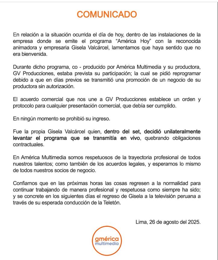 Comunicado de América TV sobre el caso de Gisela Valcárcel y lo ocurrido en América Hoy.