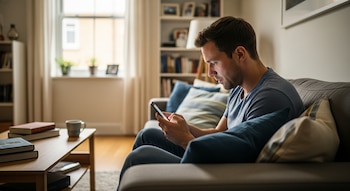 Vista lateral de un hombre caucásico joven sentado en un sofá gris, usando un teléfono inteligente. Hay libros y una taza en una mesa de café.