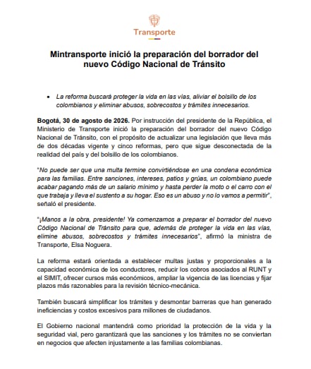 El Ministerio de Transporte informó que comenzó la elaboración del borrador del nuevo Código Nacional de Tránsito - crédito Ministerio de Trasporte