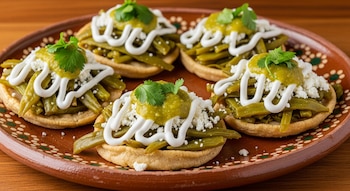 Plato de barro con cinco sopes pequeños, cada uno con una base de masa, cubiertos con tiras de nopales cocidos, queso desmoronado, crema blanca, salsa verde y cilantro.