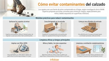 Infografía con ilustraciones que muestran pasos para evitar contaminantes: quitarse los zapatos, zona para calzado, alfombra, aspiradora HEPA, bebé, limpieza y ventilación.
