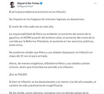 Miguel Uribe Turbay analiza la inflación en Colombia y señala al presidente como el responsable de esta - crédito @MiguelUribeT