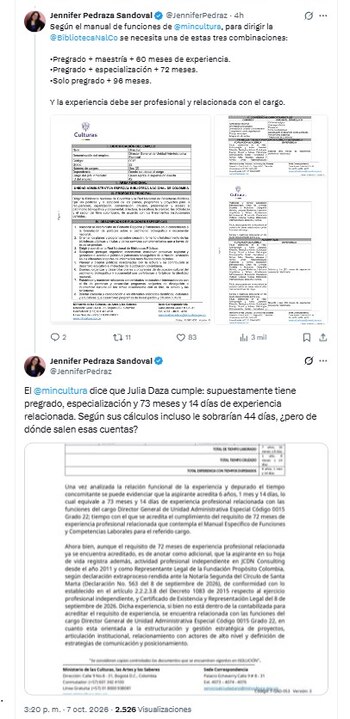 Jennifer Pedraza cuestionó que el Ministerio de las Culturas haya acreditado 73 meses y 14 días de experiencia profesional relacionada para el nombramiento de Julia Cristina Daza Noguera como directora de la Biblioteca Nacional - crédito @JenniferPedraz/X