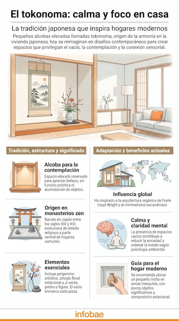 Infografía sobre el tokonoma con ilustraciones de sala japonesa, un jardín zen, una persona meditando, un nicho y un mapa mundial. Contiene texto y el logo Infobae.