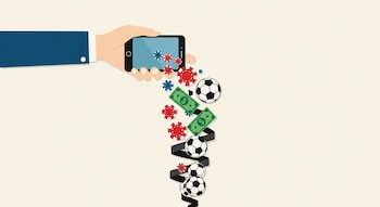 Mano de persona sostiene teléfono móvil. Del teléfono caen fichas de casino rojas y azules, billetes verdes y balones de fútbol en espiral con cinta negra.