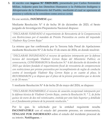 Intento de la Defensoría para entrometerse en el proceso penal contra Vladimir Cerrón.