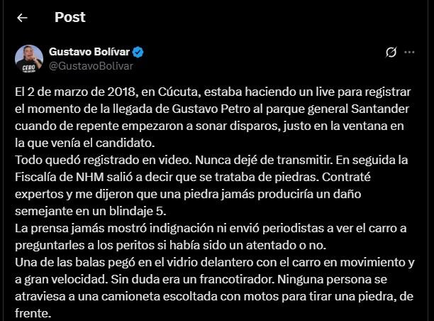 Gustavo Bolívar recordó el atentado a Gustavo Petro en el 2018 - crédito @GustavoBolivar