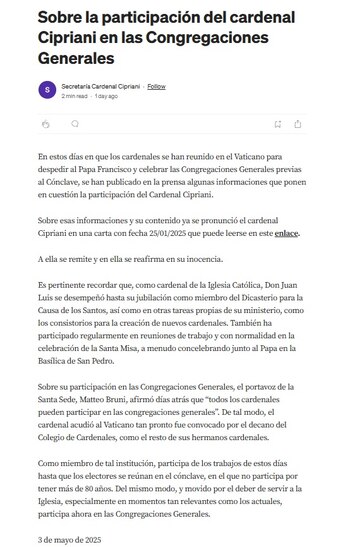 Comunicado de la secretaría de Juan Luis Cipriani