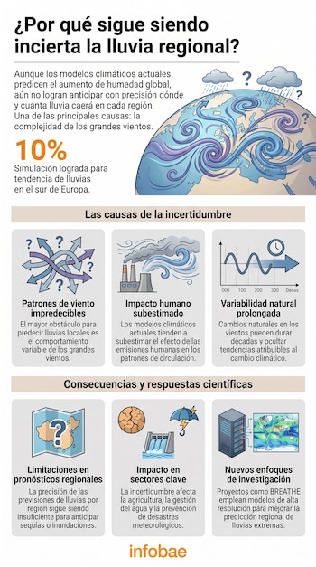 Infografía explicando la dificultad de la predicción de lluvia regional con ilustraciones de la Tierra con vientos, nubes y signos de interrogación, fábricas, gráficos y mapas.
