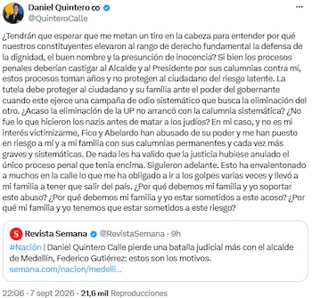 Daniel Quintero comparó su caso con episodios de persecución política - crédito @QuinteroCalle/X